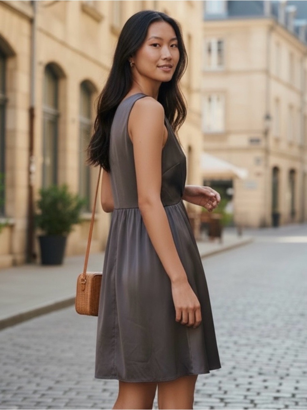 GAP Brown Sleeveless Midi Dress V Neck Pleated Waist Petite 8P